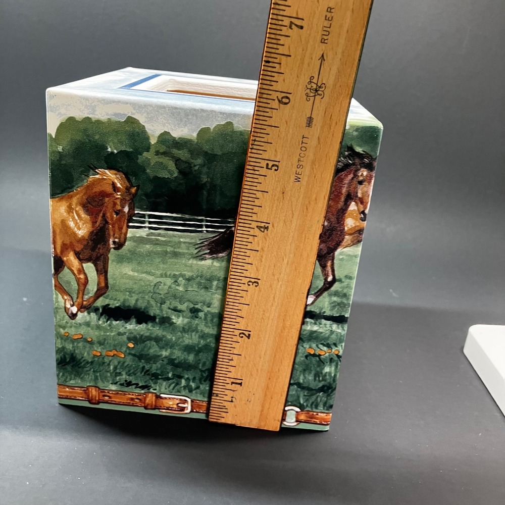 Connie's Creations Wood Tissue Box Cover Equestrian Running Horses Green - Picture 2 of 11